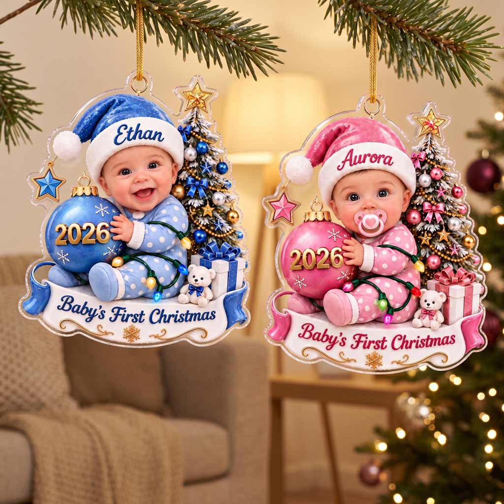 Baby's First Christmas 2026 Christmas Tree Custom Face Name Newborn Keepsake Acrylic Christmas Ornament