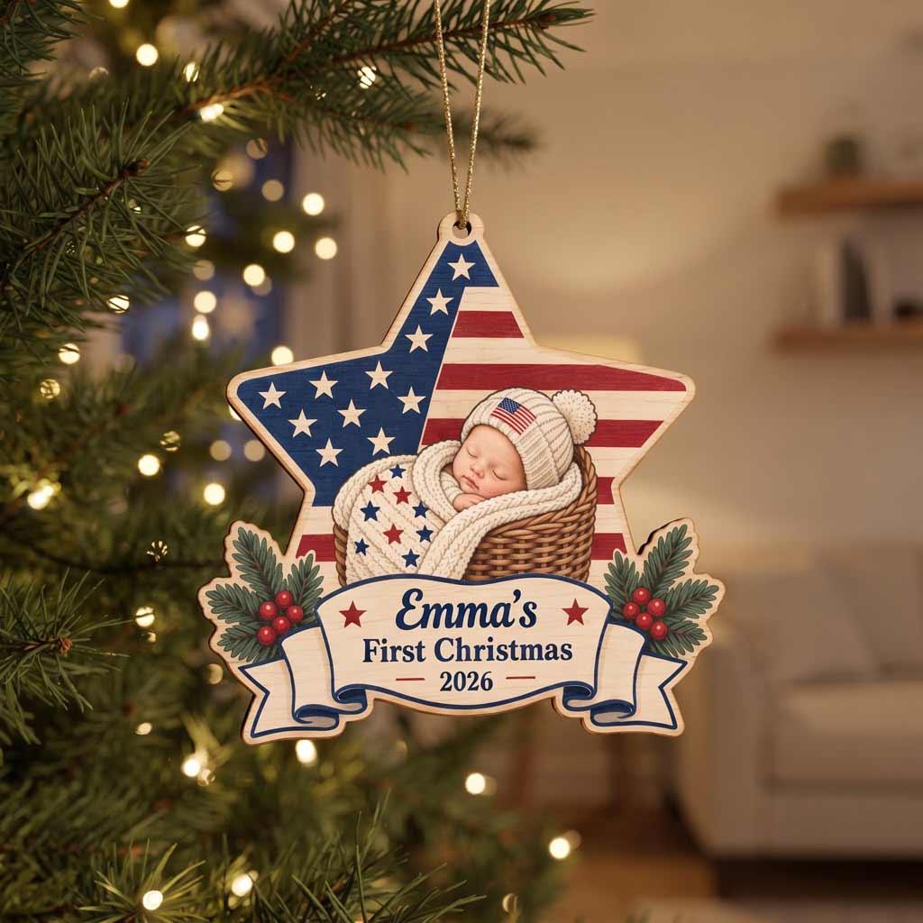 Our Baby's First Christmas Star Custom Name Date Newborn Patriotic Wooden Ornament