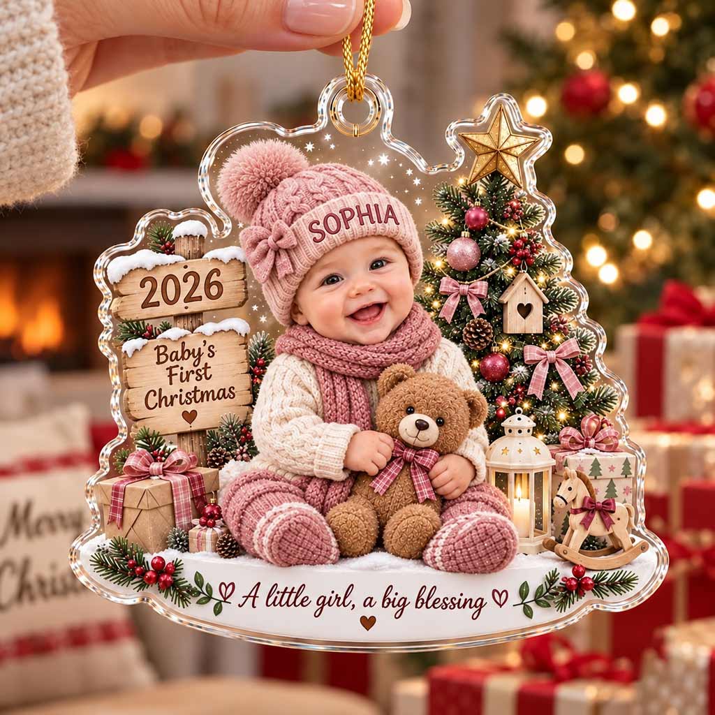 Baby's First Christmas Little Blessing 2026 Custom Face Name Newborn Keepsake Acrylic Christmas Ornament