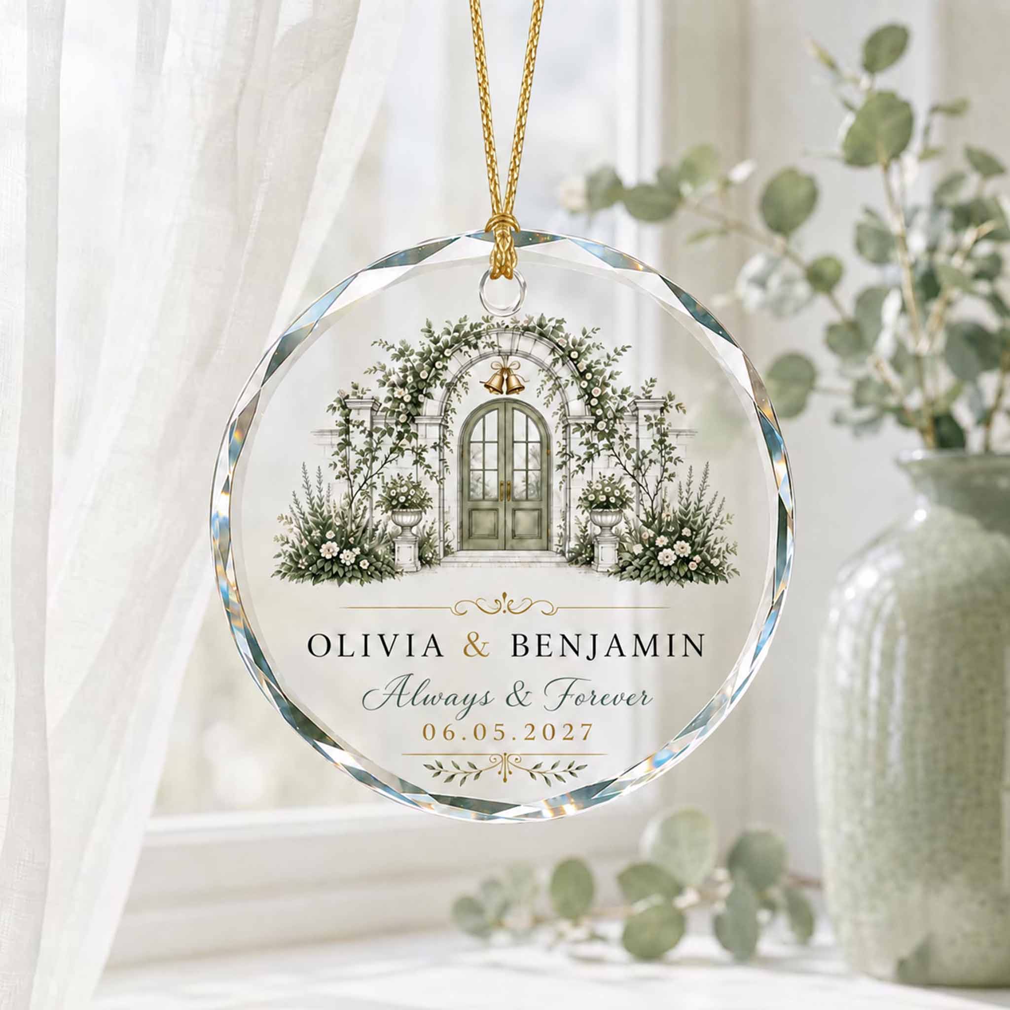 Always & Forever Flower Wedding Door Custom Name Date Wedding Couple Keepsake Round Glass Ornament