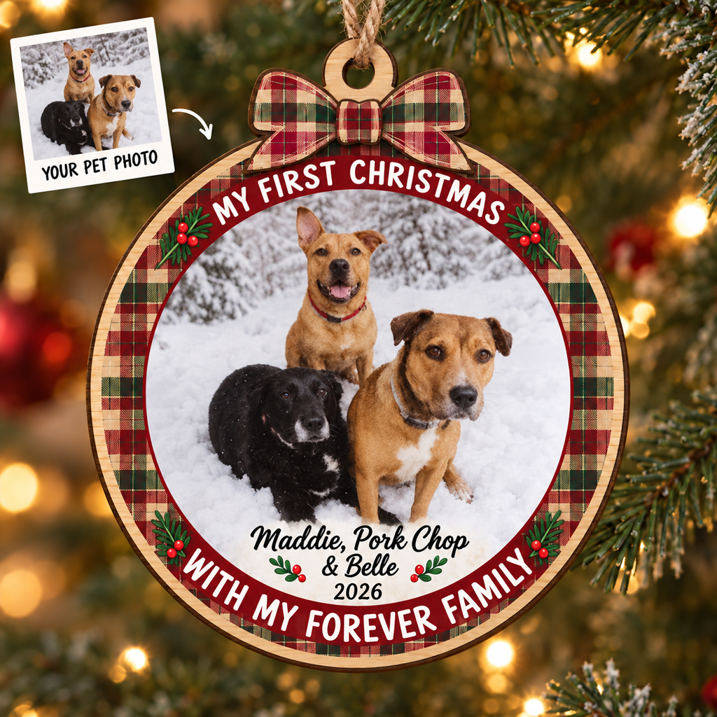 My First Christmas With My Forever Dog Custom Photo Names Pet Wooden Ornament