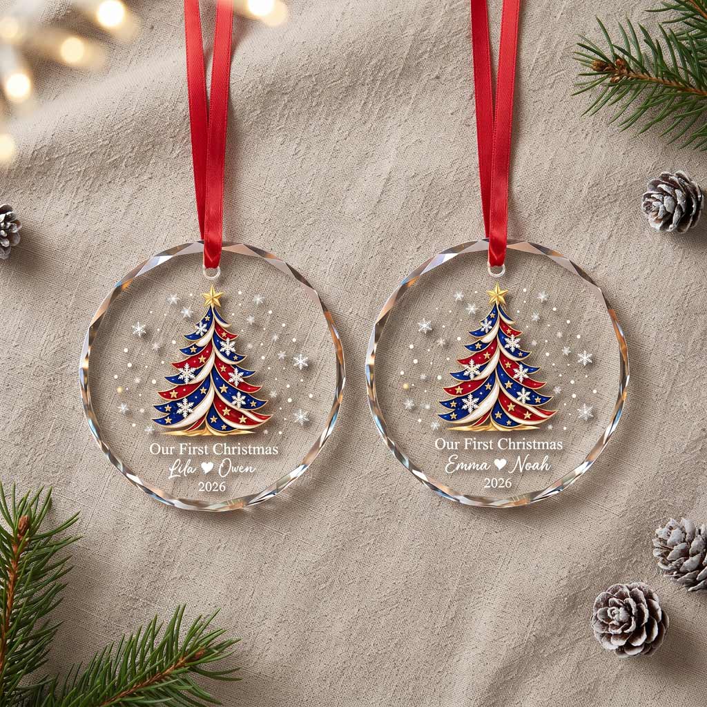 Our First Christmas Snowflake 250 Anniversary Tree Personalized Couple Custom Names Date Romantic Round Glass Ornament