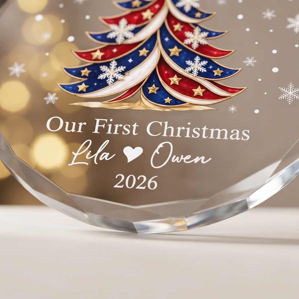 Our First Christmas Snowflake 250 Anniversary Tree Personalized Couple Custom Names Date Romantic Round Glass Ornament