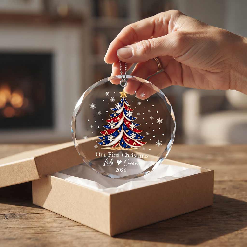 Our First Christmas Snowflake 250 Anniversary Tree Personalized Couple Custom Names Date Romantic Round Glass Ornament