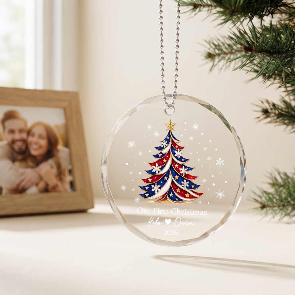 Our First Christmas Snowflake 250 Anniversary Tree Personalized Couple Custom Names Date Romantic Round Glass Ornament