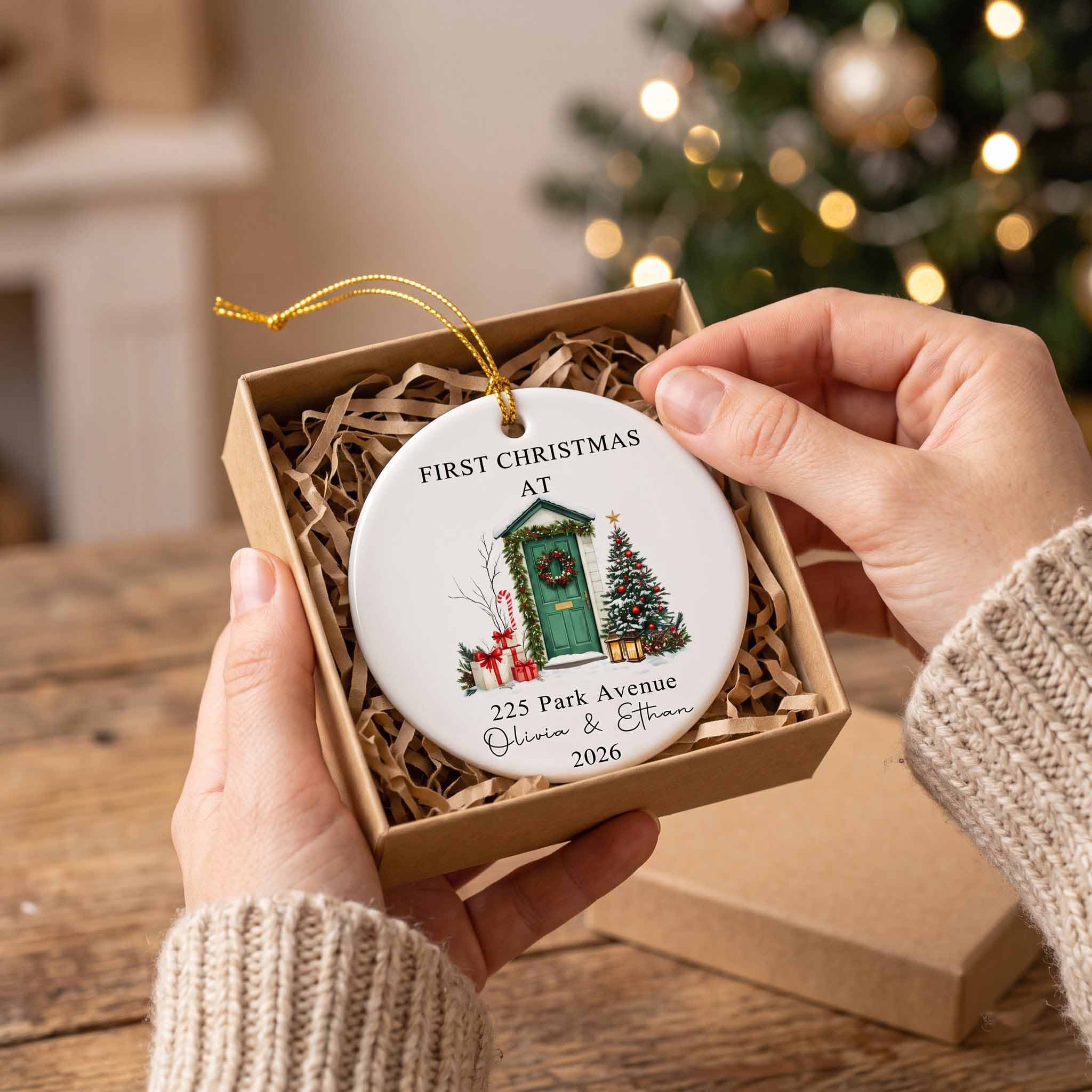 First Christmas at Our New Home 2026 Custom Name & Address New Home Housewarming Gift Round Ceramic Ornament