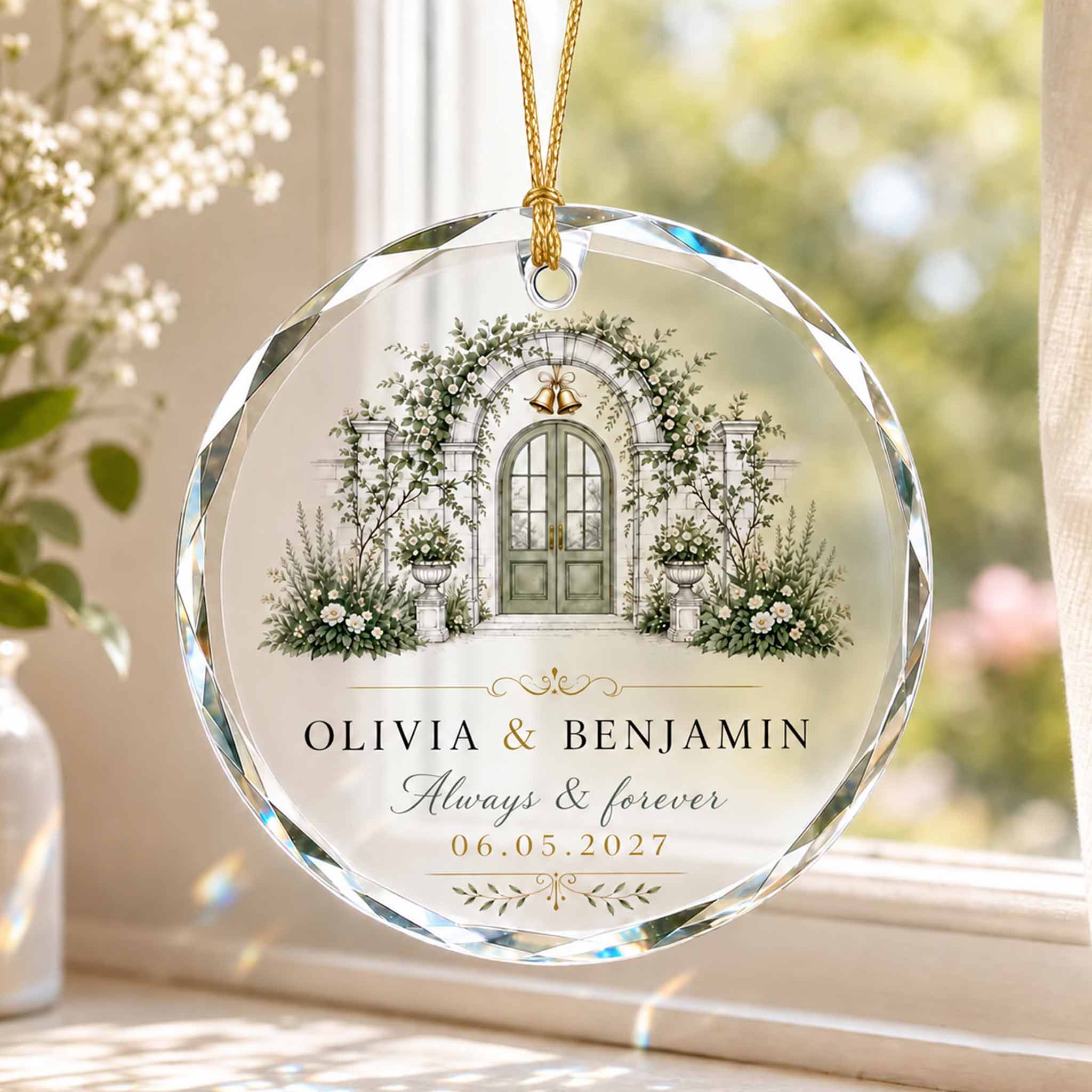 Always & Forever Flower Wedding Door Custom Name Date Wedding Couple Keepsake Round Glass Ornament