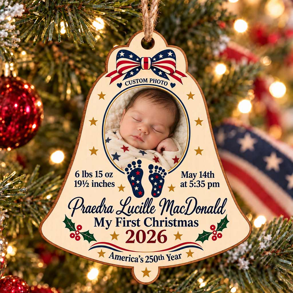 My First Christmas 2026 America's 250th Anniversary Year Baby Birth Keepsake Personalized Patriotic Wooden Christmas Ornament