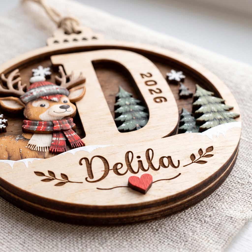 Winter Reindeer Alphabet Initial 2026 Custom Name Family Christmas Keepsake Wooden Christmas Ornament
