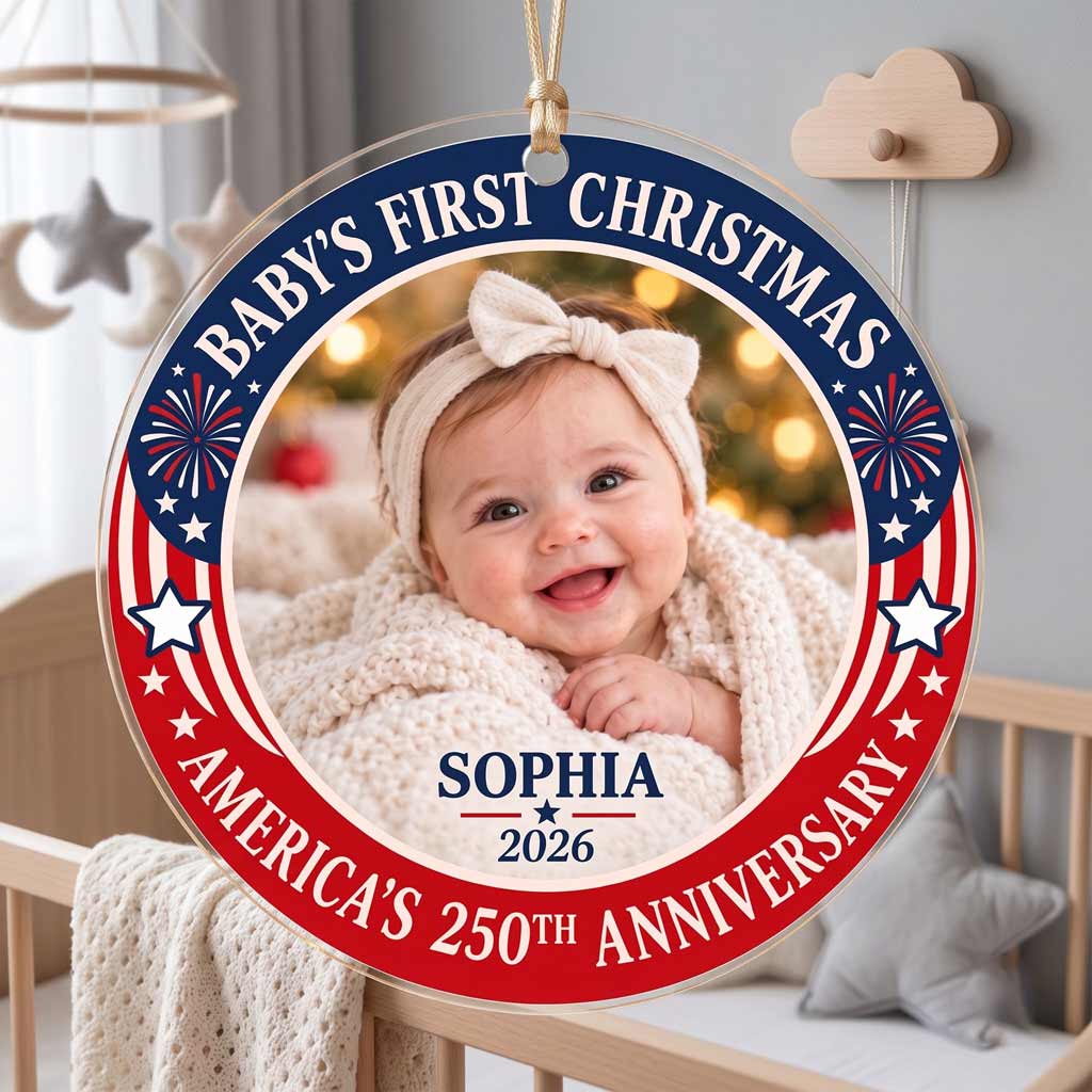 Baby's First Christmas America's 250th Anniversary Custom Photo Name Newborn Patriotic Round Acrylic Christmas Ornament