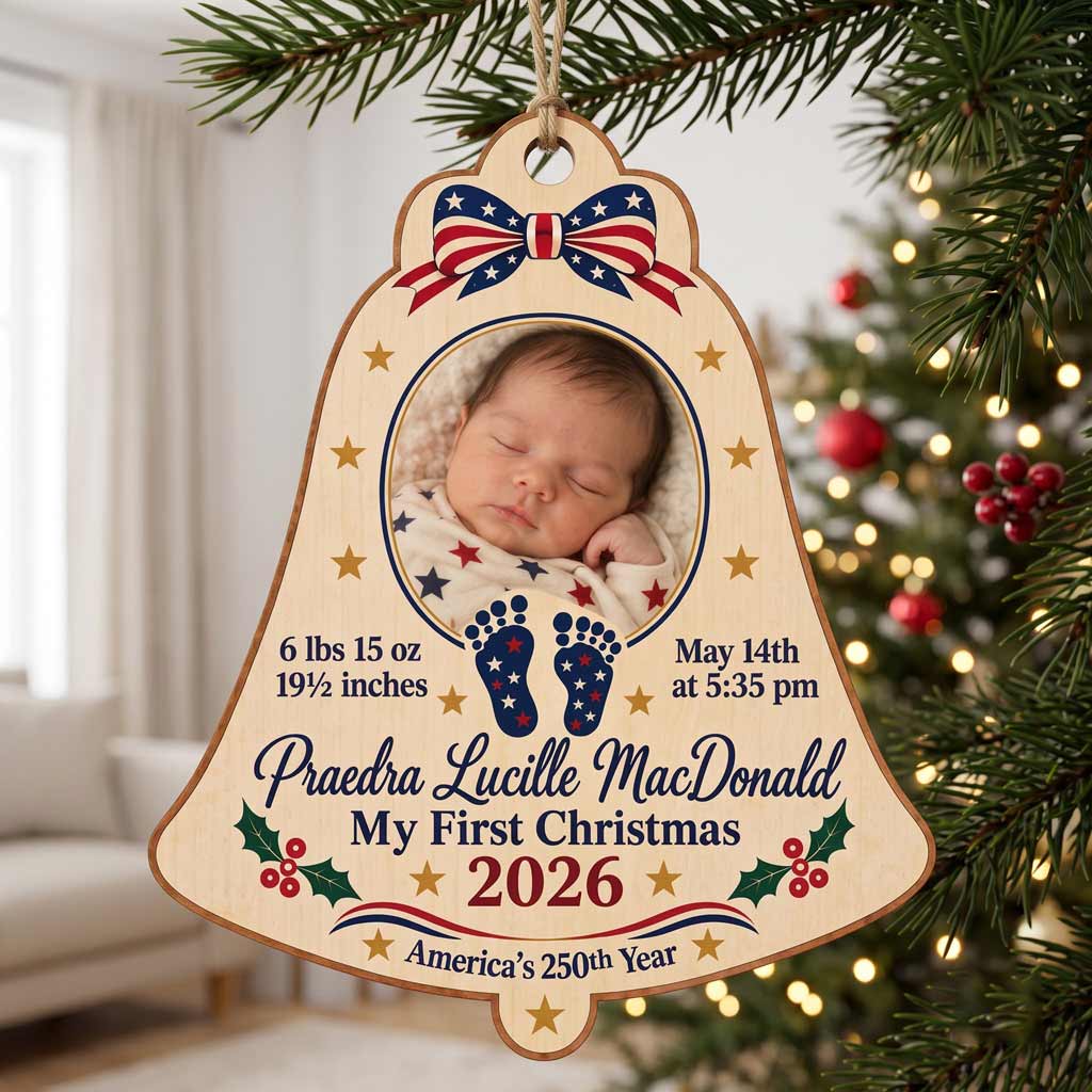 My First Christmas 2026 America's 250th Anniversary Year Baby Birth Keepsake Personalized Patriotic Wooden Christmas Ornament