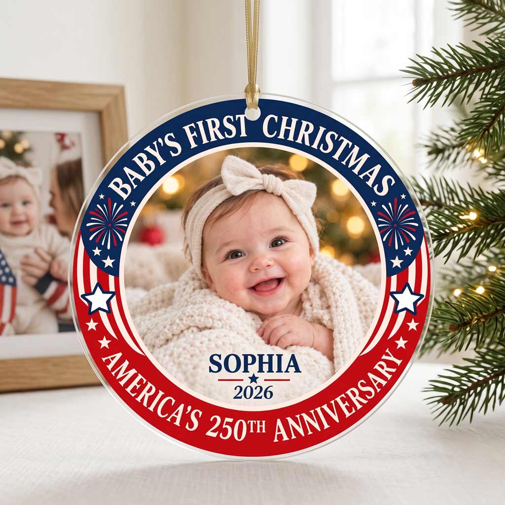 Baby's First Christmas America's 250th Anniversary Custom Photo Name Newborn Patriotic Round Acrylic Christmas Ornament