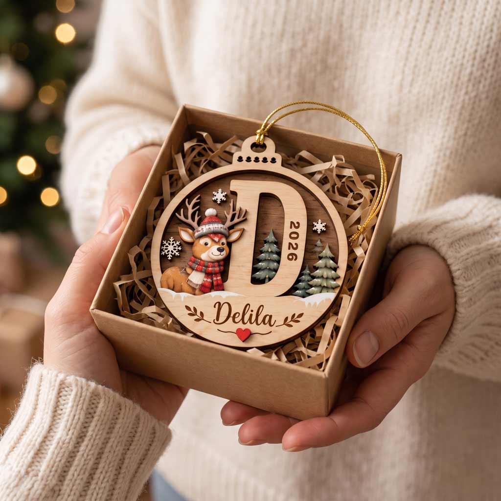 Winter Reindeer Alphabet Initial 2026 Custom Name Family Christmas Keepsake Wooden Christmas Ornament