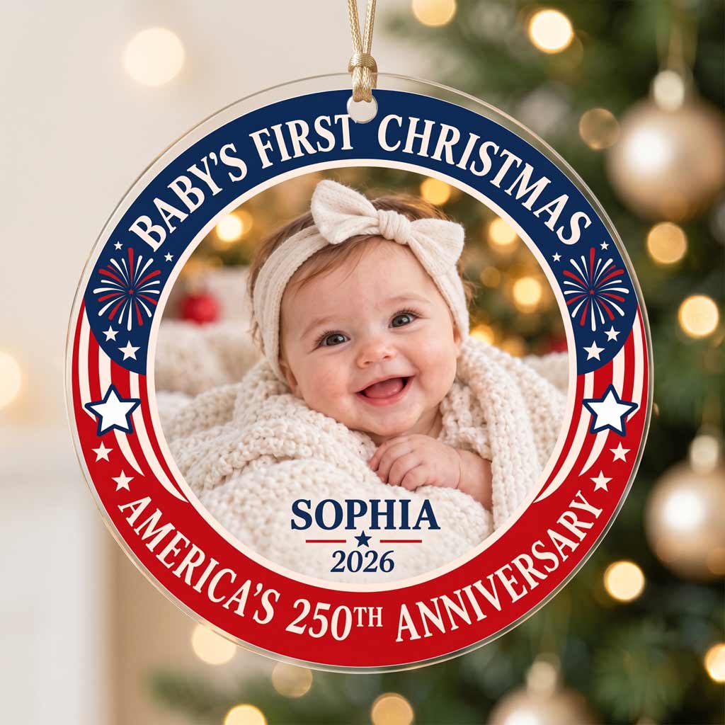 Baby's First Christmas America's 250th Anniversary Custom Photo Name Newborn Patriotic Round Acrylic Christmas Ornament