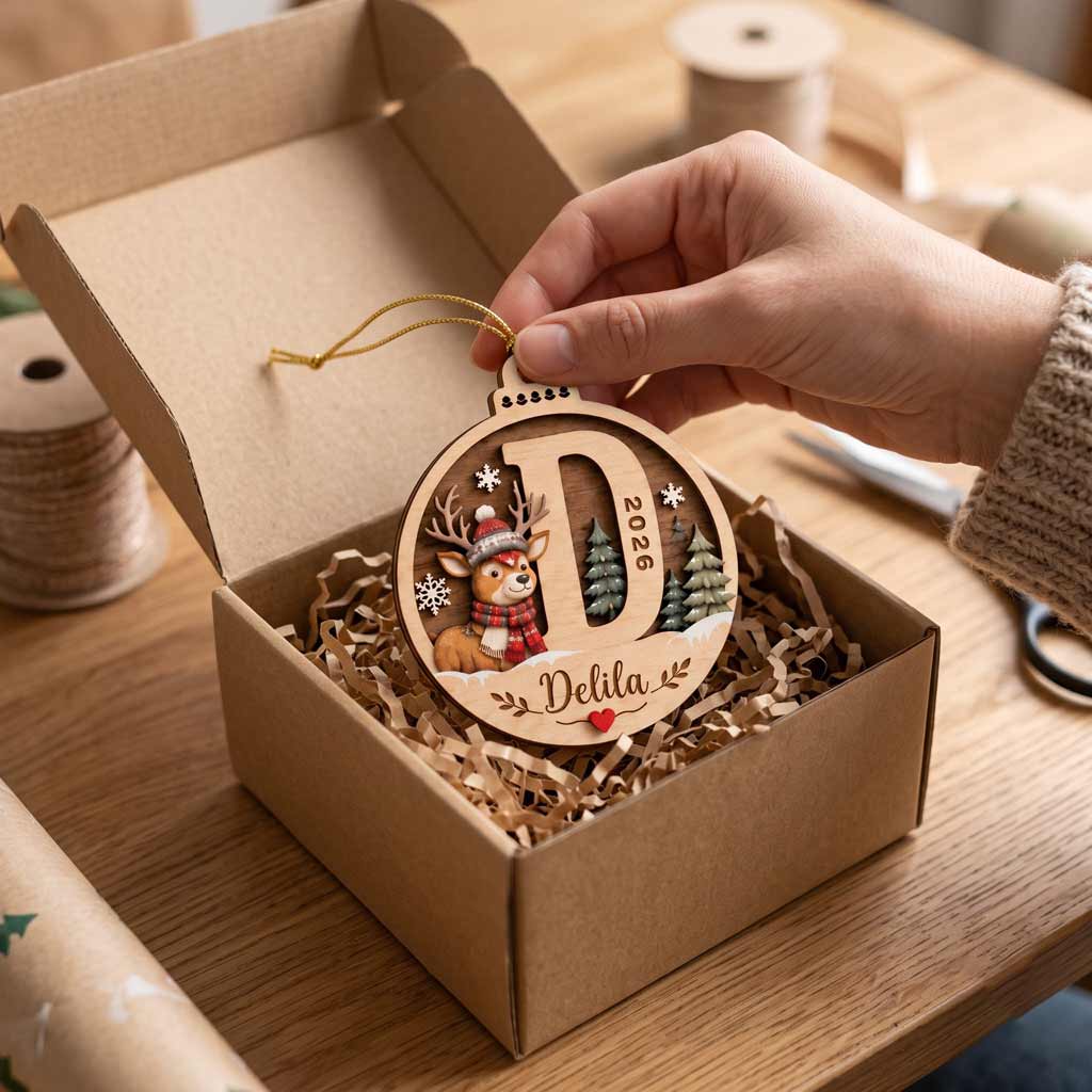 Winter Reindeer Alphabet Initial 2026 Custom Name Family Christmas Keepsake Wooden Christmas Ornament