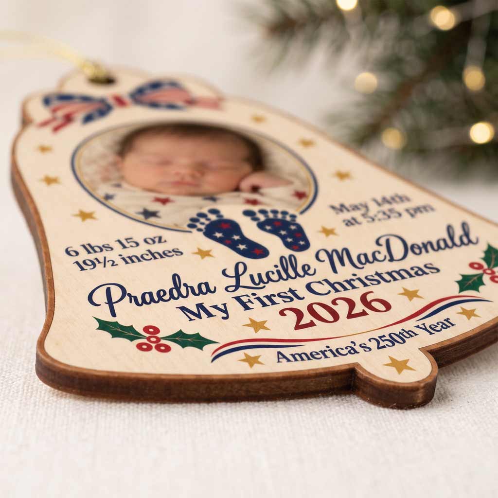 My First Christmas 2026 America's 250th Anniversary Year Baby Birth Keepsake Personalized Patriotic Wooden Christmas Ornament