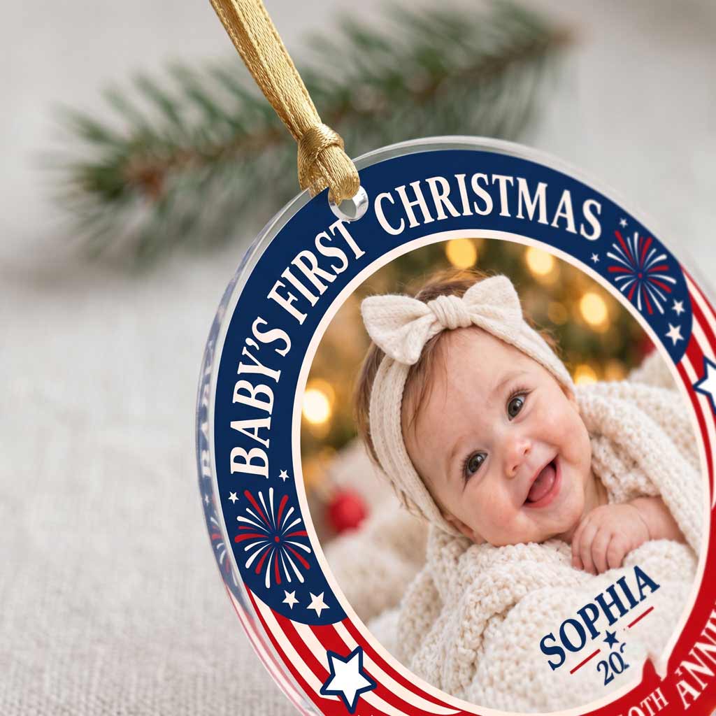 Baby's First Christmas America's 250th Anniversary Custom Photo Name Newborn Patriotic Round Acrylic Christmas Ornament