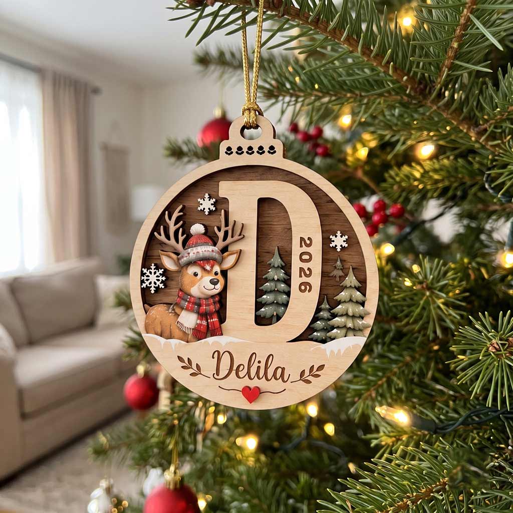Winter Reindeer Alphabet Initial 2026 Custom Name Family Christmas Keepsake Wooden Christmas Ornament