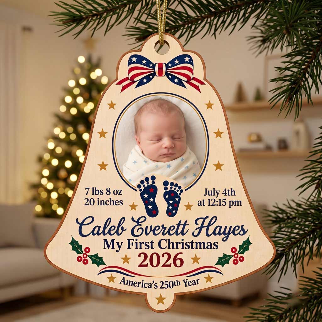 My First Christmas 2026 America's 250th Anniversary Year Baby Birth Keepsake Personalized Patriotic Wooden Christmas Ornament