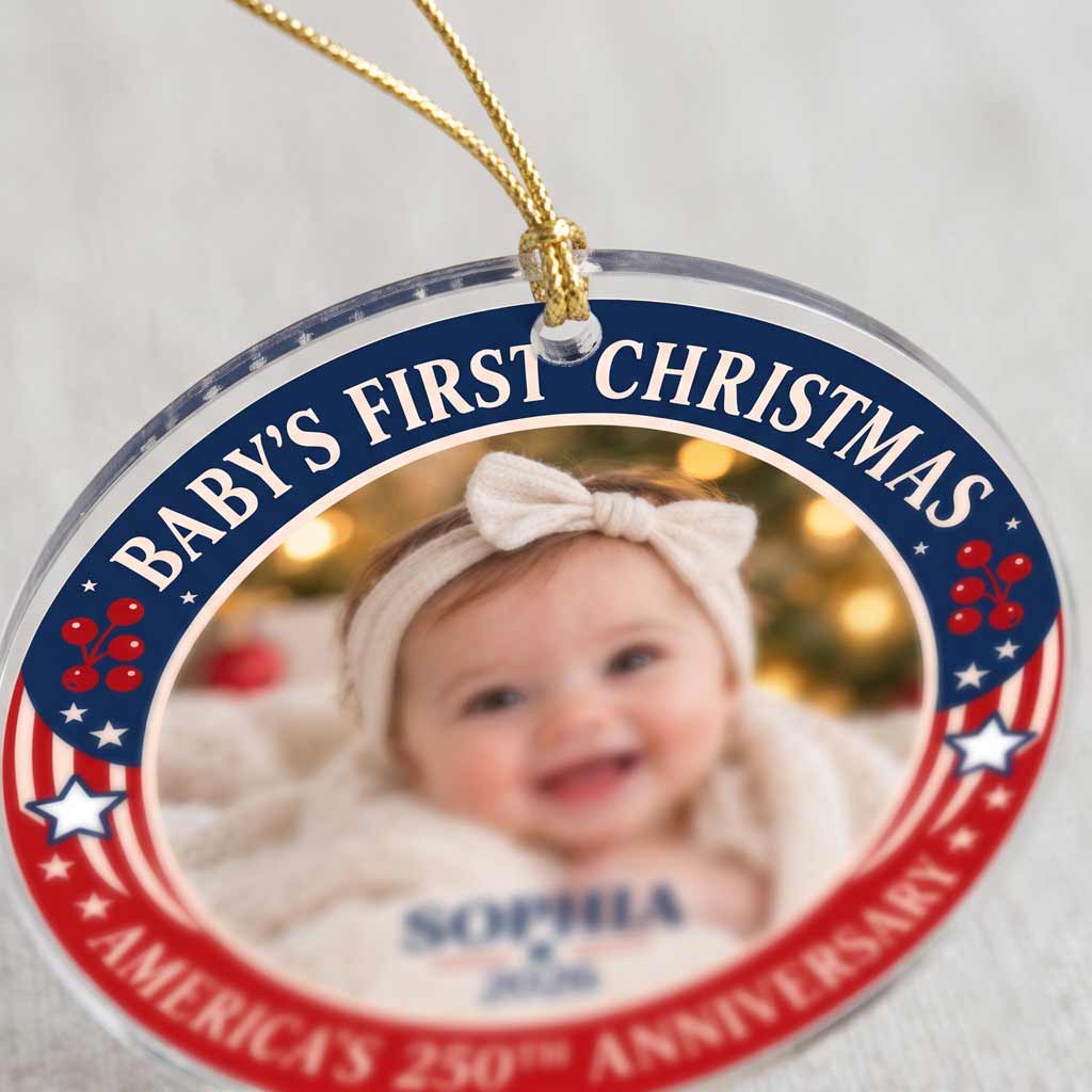 Baby's First Christmas America's 250th Anniversary Custom Photo Name Newborn Patriotic Round Acrylic Christmas Ornament