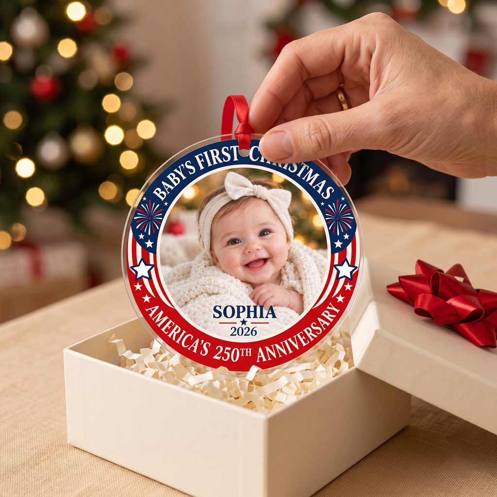 Baby's First Christmas America's 250th Anniversary Custom Photo Name Newborn Patriotic Round Acrylic Christmas Ornament