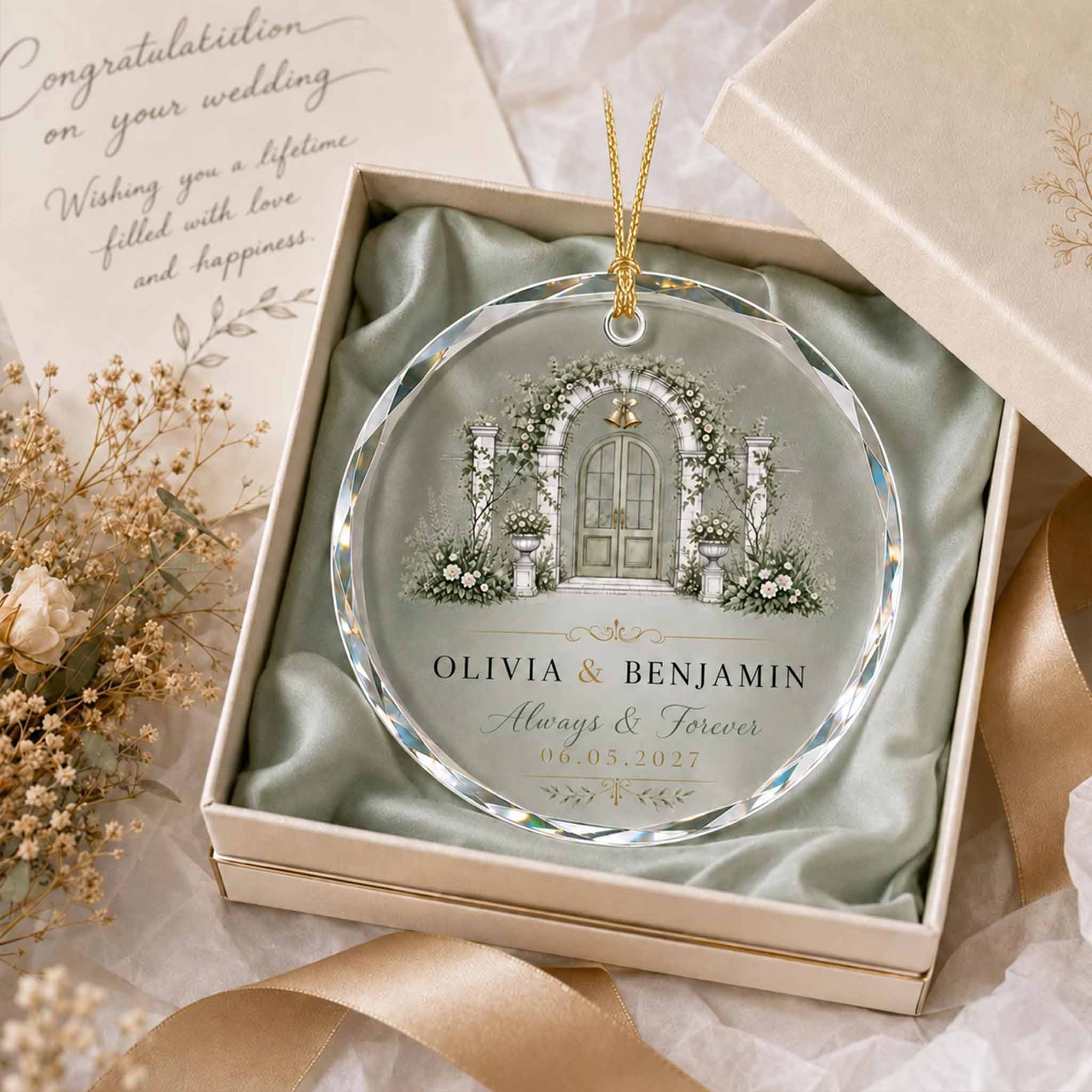 Always & Forever Flower Wedding Door Custom Name Date Wedding Couple Keepsake Round Glass Ornament