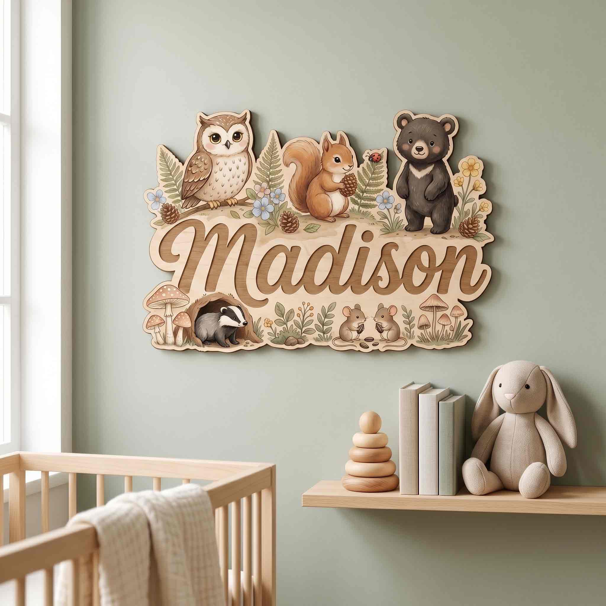 Personalized Woodland Owl Bear Squirrel Nursery Wooden Sign
