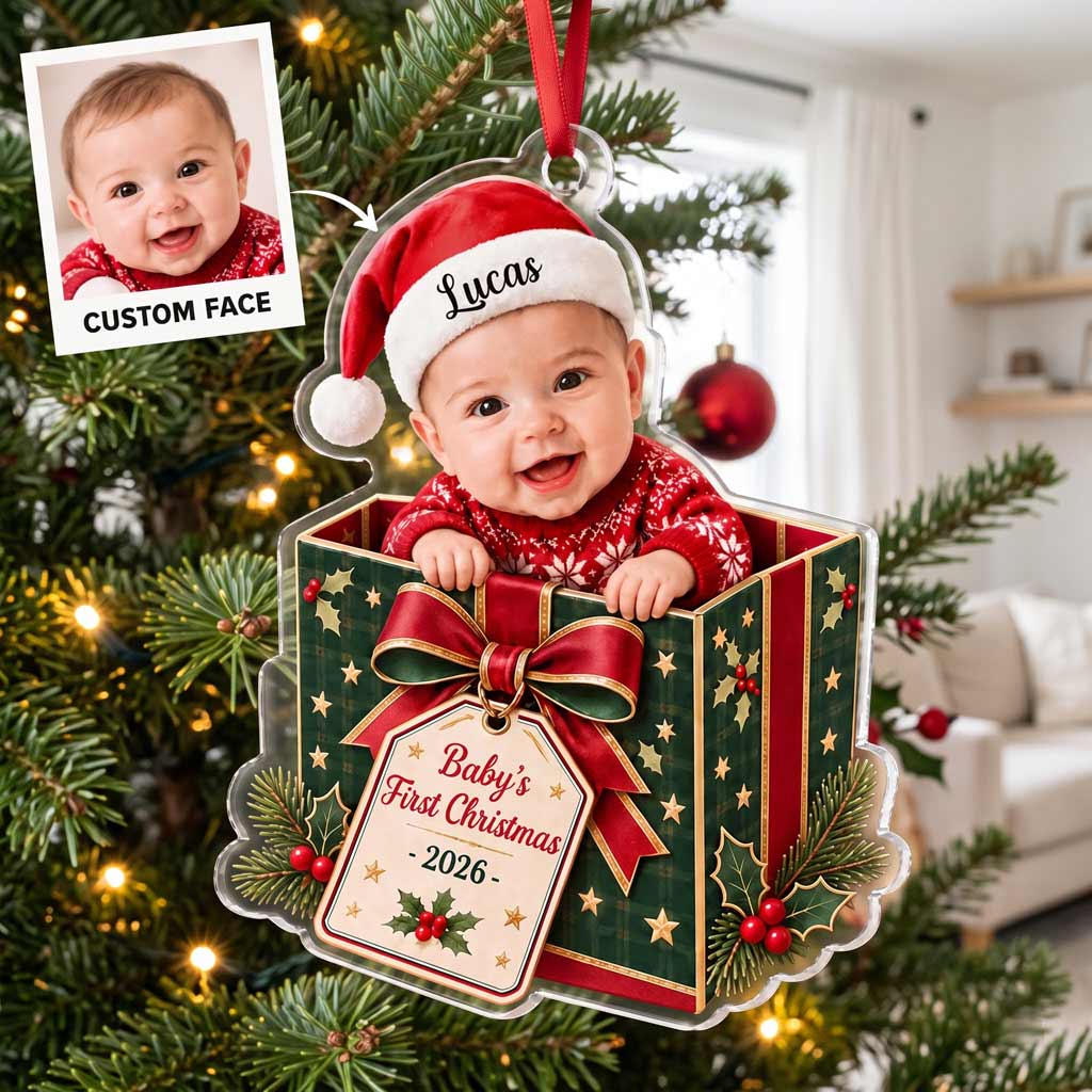 Baby's First Christmas Gift Box 2026 Custom Face Name Newborn Keepsake Acrylic Christmas Ornament