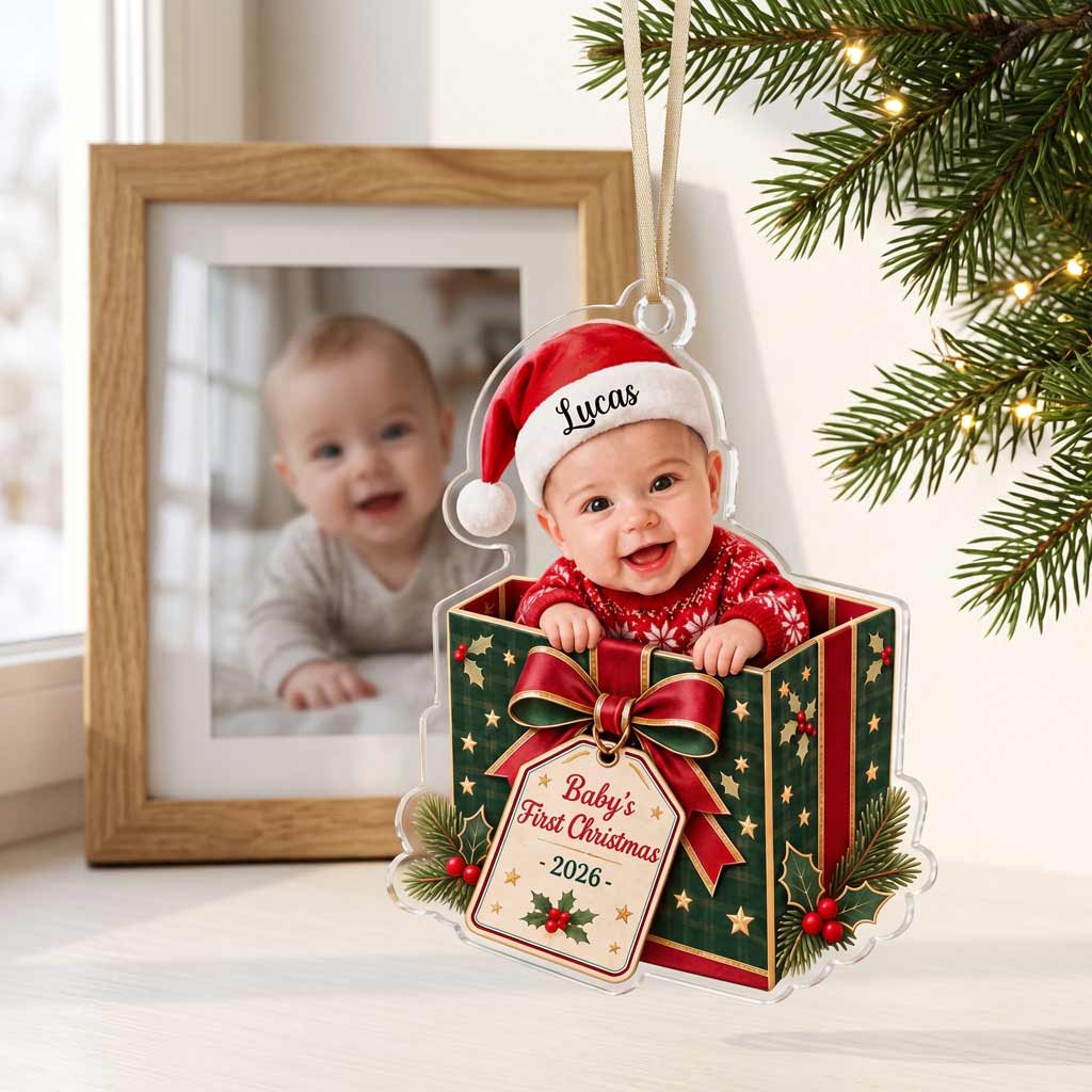 Baby's First Christmas Gift Box 2026 Custom Face Name Newborn Keepsake Acrylic Christmas Ornament