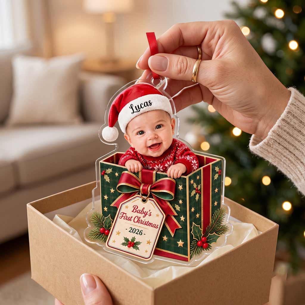 Baby's First Christmas Gift Box 2026 Custom Face Name Newborn Keepsake Acrylic Christmas Ornament