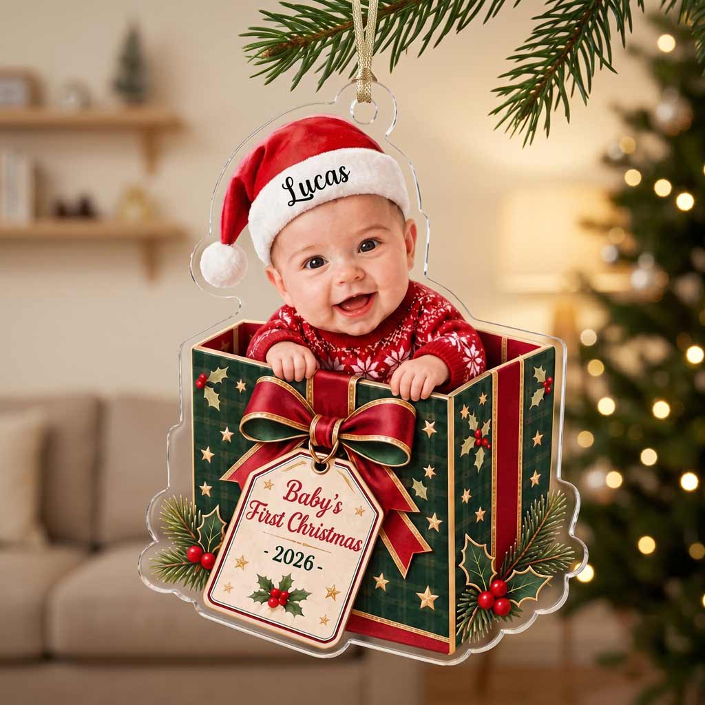 Baby's First Christmas Gift Box 2026 Custom Face Name Newborn Keepsake Acrylic Christmas Ornament