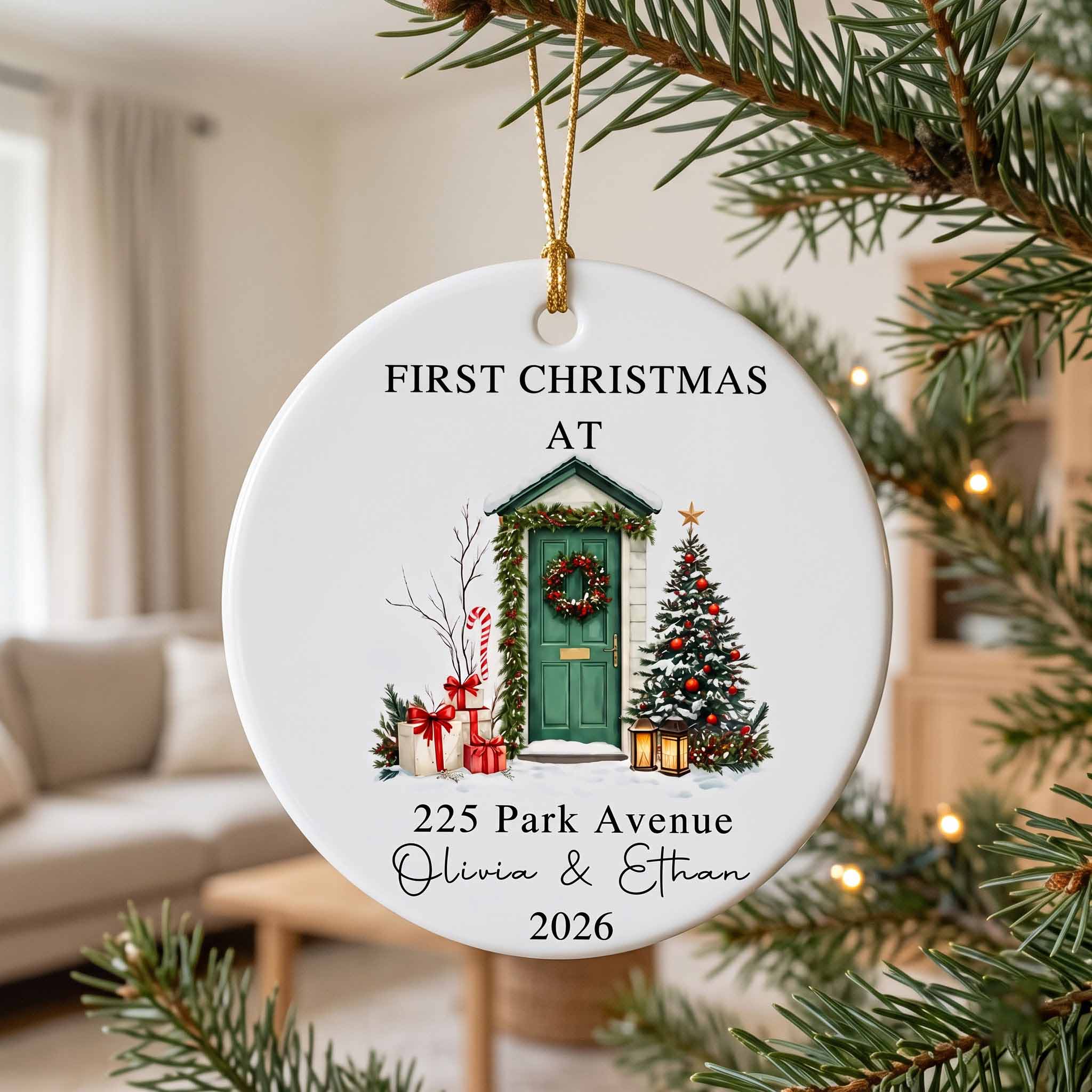 First Christmas at Our New Home 2026 Custom Name & Address New Home Housewarming Gift Round Ceramic Ornament