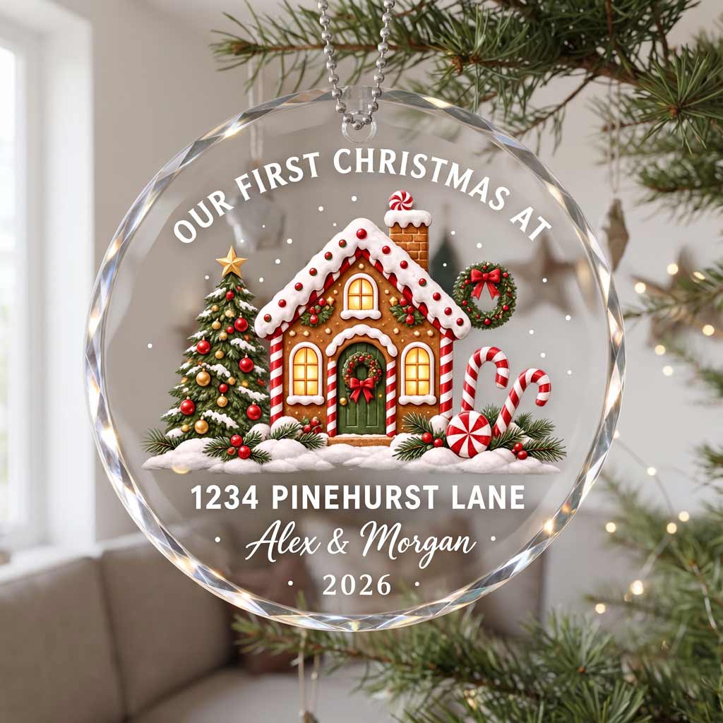 Our First Christmas At Our New Home New Address Gingerbread House Custom Round Glass Ornament