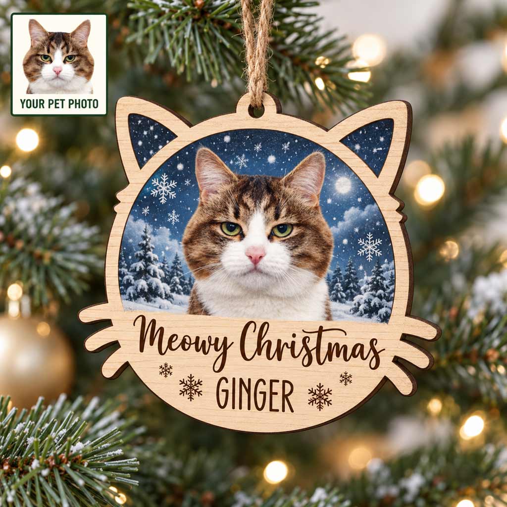 Meowy Christmas Winter Kitten With Snow Photo Keepsake Personalized Cat Wooden Christmas Ornament