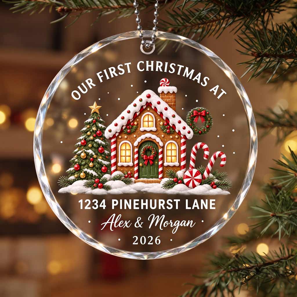 Our First Christmas At Our New Home New Address Gingerbread House Custom Round Glass Ornament