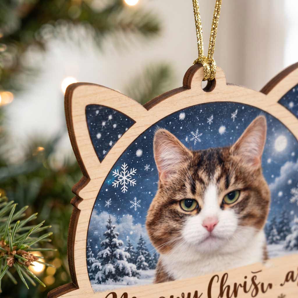 Meowy Christmas Winter Kitten With Snow Photo Keepsake Personalized Cat Wooden Christmas Ornament