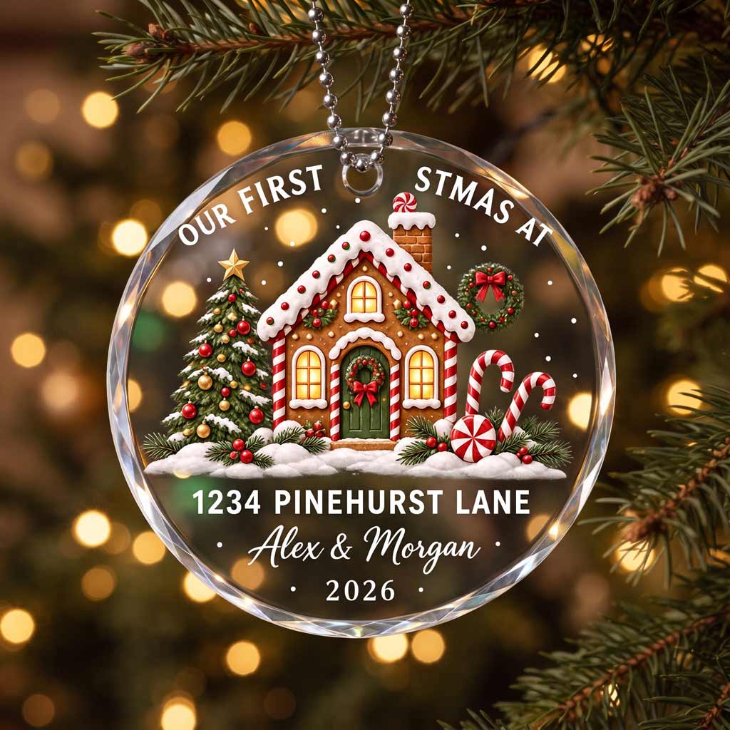 Our First Christmas At Our New Home New Address Gingerbread House Custom Round Glass Ornament