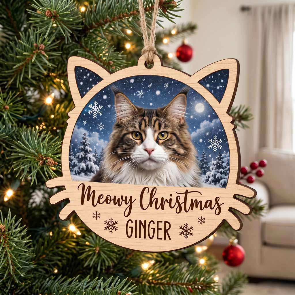 Meowy Christmas Winter Kitten With Snow Photo Keepsake Personalized Cat Wooden Christmas Ornament