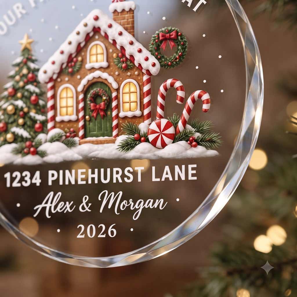 Our First Christmas At Our New Home New Address Gingerbread House Custom Round Glass Ornament