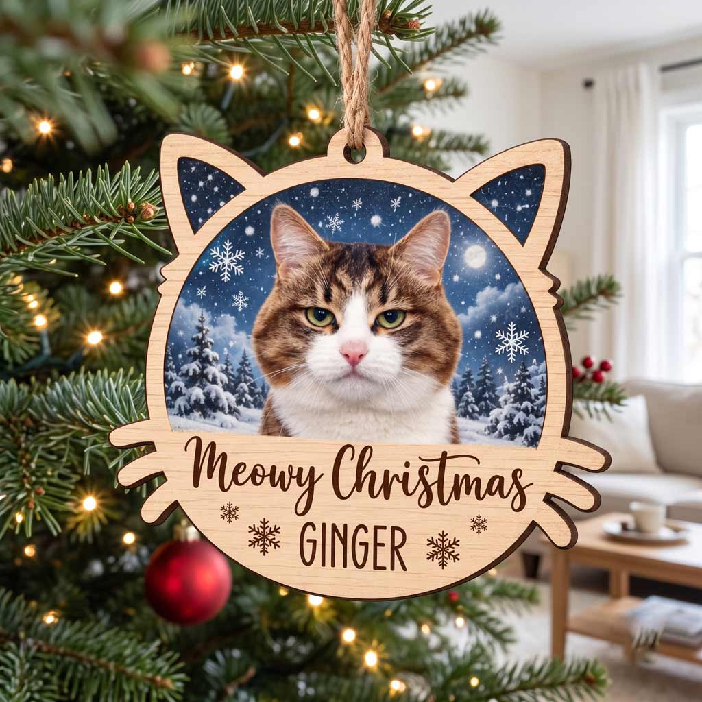 Meowy Christmas Winter Kitten With Snow Photo Keepsake Personalized Cat Wooden Christmas Ornament
