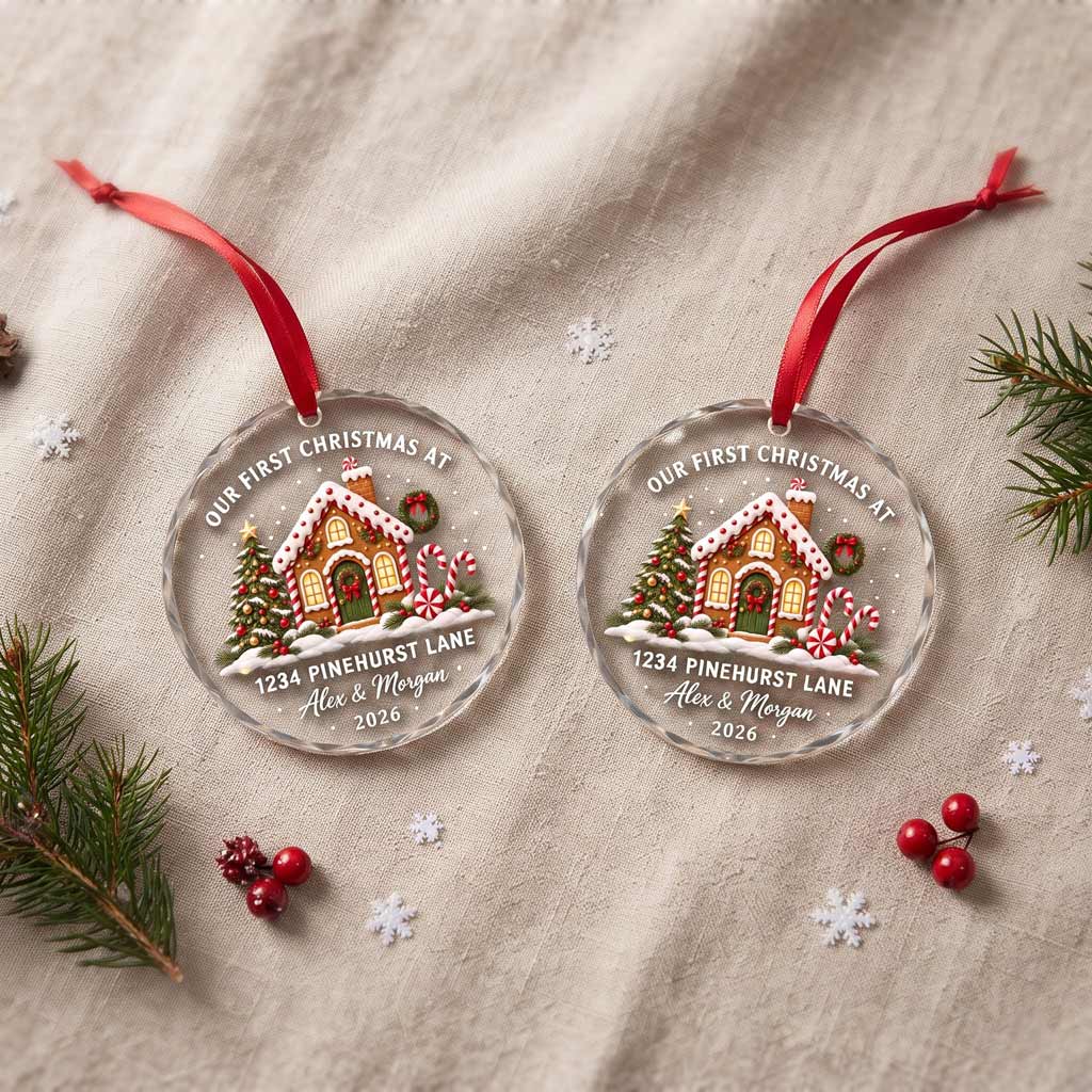 Our First Christmas At Our New Home New Address Gingerbread House Custom Round Glass Ornament