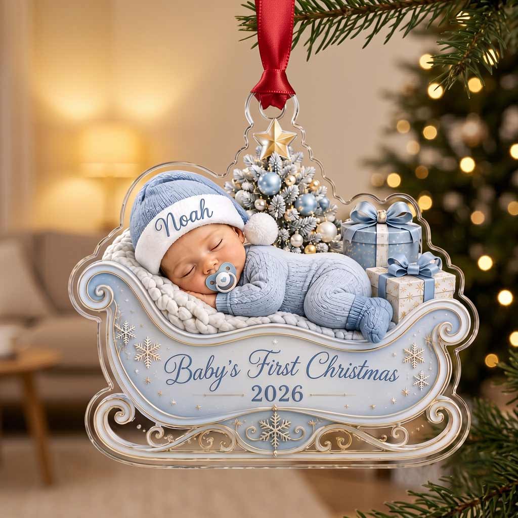 Baby's First Christmas 2026 Sleigh Custom Baby Face Name Newborn Baby Gift Acrylic Christmas Ornament