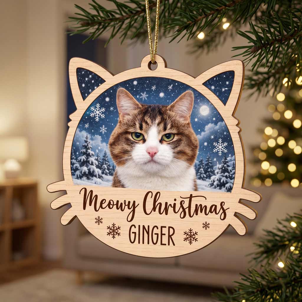 Meowy Christmas Winter Kitten With Snow Photo Keepsake Personalized Cat Wooden Christmas Ornament