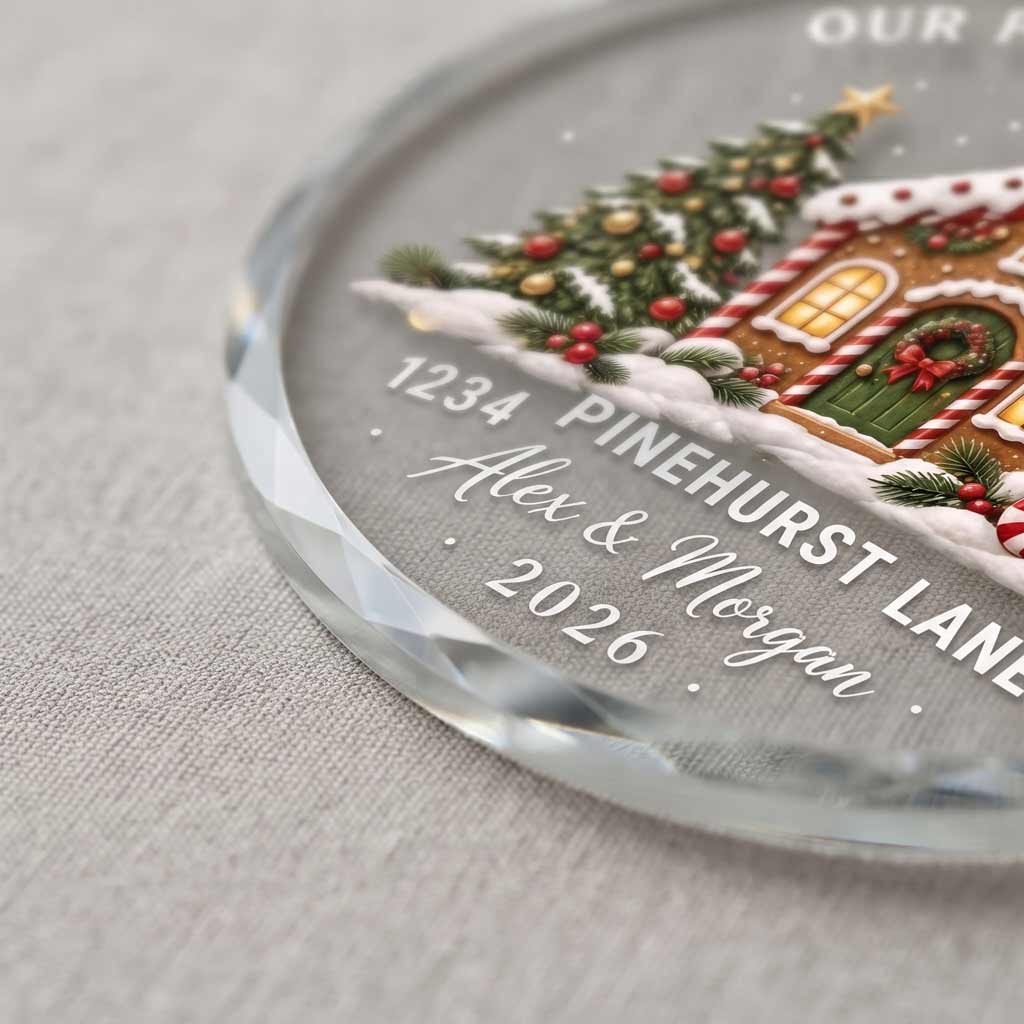 Our First Christmas At Our New Home New Address Gingerbread House Custom Round Glass Ornament