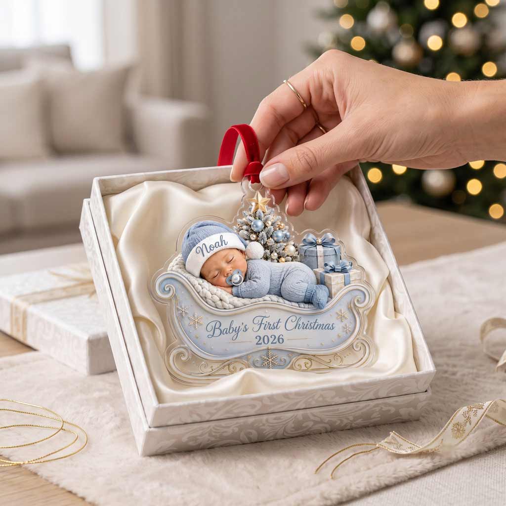 Baby's First Christmas 2026 Sleigh Custom Baby Face Name Newborn Baby Gift Acrylic Christmas Ornament