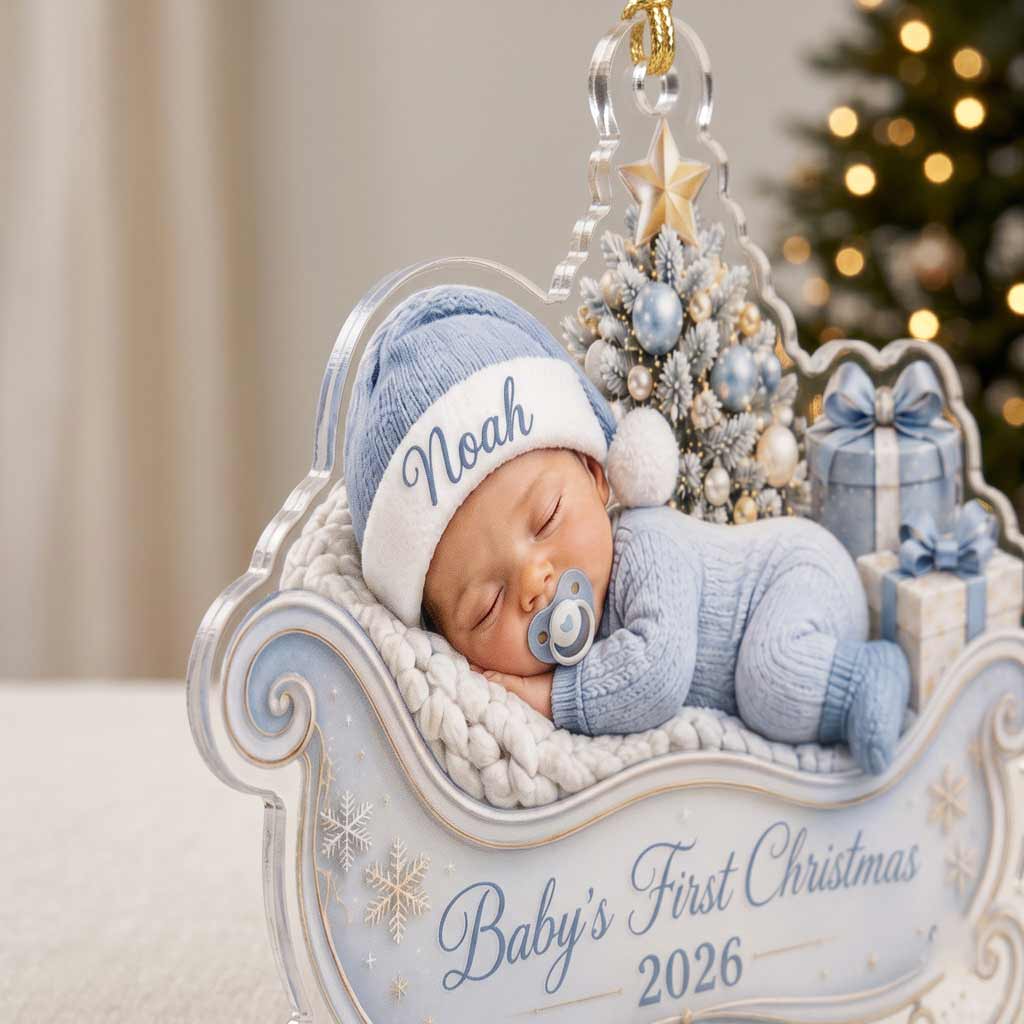 Baby's First Christmas 2026 Sleigh Custom Baby Face Name Newborn Baby Gift Acrylic Christmas Ornament