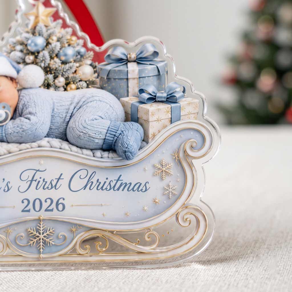 Baby's First Christmas 2026 Sleigh Custom Baby Face Name Newborn Baby Gift Acrylic Christmas Ornament