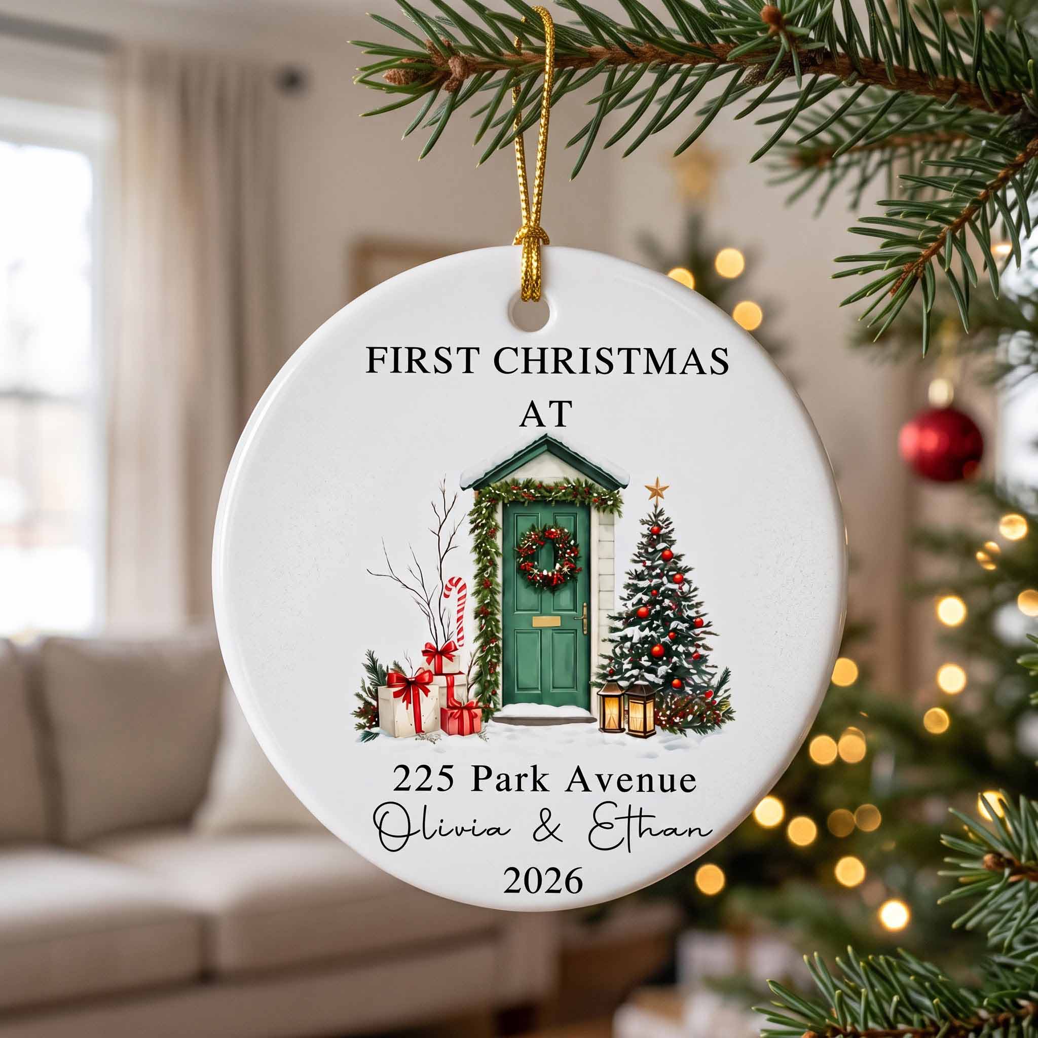 First Christmas at Our New Home 2026 Custom Name & Address New Home Housewarming Gift Round Ceramic Ornament