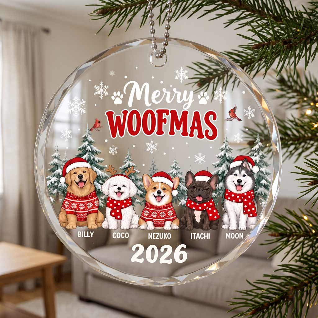 Merry Woofmas 2026 Holiday Keepsake Personalized Dog Round Glass Christmas Ornament