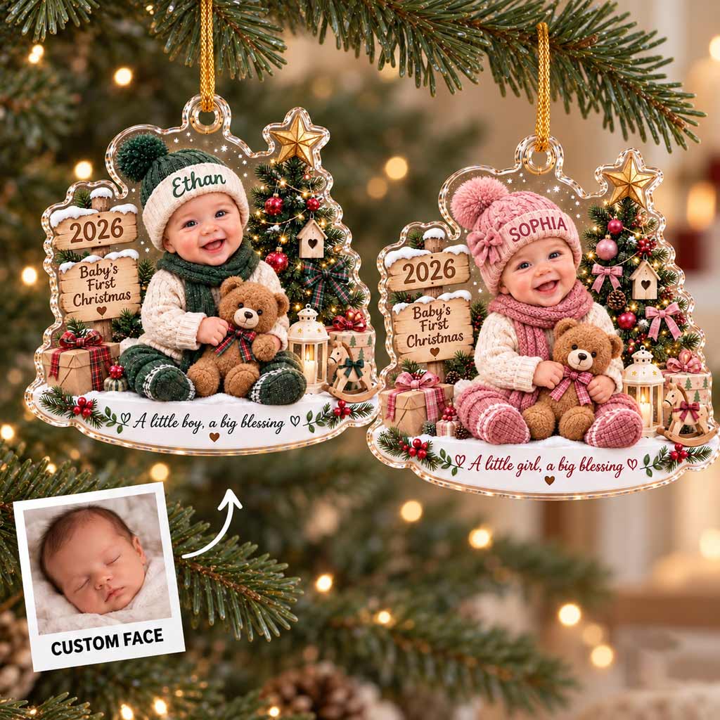 Baby's First Christmas Little Blessing 2026 Custom Face Name Newborn Keepsake Acrylic Christmas Ornament